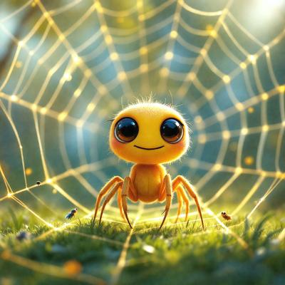 The primary subject of the image is a small yellow spider with big eyes, sitting on a grassy field. The setting is a grassy area with a spider web in the background. The visual style is a digital art or illustration, creating a whimsical and playful atmosphere. The colors are predominantly yellow and green, with the yellow spider being the focal point of the scene.